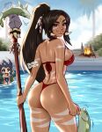  2girls artist_name ass bare_shoulders blushyspicy breasts brown_hair crying dark-skinned_female dark_skin facial_mark fire fireplace fish food green_eyes grin highres holding holding_weapon jewelry large_breasts league_of_legends long_hair looking_at_viewer looking_back multiple_girls nami_(league_of_legends) nidalee outdoors ponytail pool sad shiny shiny_skin smile solo_focus weapon 