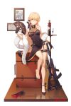  1girl absurdres artist_name assault_rifle bangs bare_legs bare_shoulders barefoot black_dress black_gloves blonde_hair bottle breasts case china_dress chinese_clothes chinese_commentary closed_mouth collarbone cup dress drinking_glass feather_boa feet floor full_body girls&#039;_frontline glass gloves gun hair_ribbon hand_fan hebai_xiaochuan high_heels highres holding holding_fan legs lips long_hair looking_at_viewer medium_breasts official_alternate_costume ots-14 ots-14_(girls&#039;_frontline) ots-14_(sangria_succulent)_(girls&#039;_frontline) picture_(object) ribbon rifle shoes single_shoe smile solo standing standing_on_one_leg toes weapon weapon_removed white_background wine_bottle wine_glass yellow_eyes 