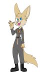  absurd_res big_ears big_tail blue_eyes boots canid canine claws clothing curled_hair female fennec footwear fox fur gesture grin hair hi_res jumpsuit mammal matthews(razumi) military military_uniform riffen smile solo standing tan_body tan_fur uniform waving whiskers 