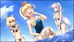  4girls absurdres axelsworks azur_lane beach belfast_(azur_lane) bikini black_bikini blonde_hair blue_one-piece_swimsuit blue_sky braid breasts broken broken_chain carrying chain closed_eyes crown day french_braid hair_ears hair_over_one_eye highres large_breasts long_hair maid_headdress medium_breasts mini_crown multiple_girls navel ocean open_mouth outdoors ponytail purple_eyes queen_elizabeth_(azur_lane) sand school_swimsuit sheffield_(azur_lane) sky small_breasts smile swimsuit warspite_(azur_lane) water white_hair yellow_eyes 