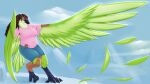  anthro avian beak bird bird_feet bottomwear breasts brown_hair claws clothed clothing cloud curled_hair daf feathered_wings feathers female flying green_body green_feathers hair hi_res human human_to_anthro mammal shorts sky slightly_chubby solo species_transformation transformation wings 