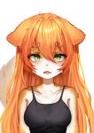  2022 absurd_res anthro blush breasts canid canine clothed clothing countershading cute_fangs digital_media_(artwork) female female_anthro fur green_eyes hair half-length_portrait hi_res kemono long_hair looking_at_viewer mammal multicolored_body multicolored_fur open_mouth orange_body orange_fur orange_hair portrait raccoon_dog rlaqlgh00 shirt solo tan_body tan_fur tank_top tanuki tongue topwear two_tone_body two_tone_fur white_body white_fur 