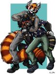  aloha_shirt anthro big_ears big_tail boots bottomwear charlie_(razumi) clothing dark_body dark_fur duo footwear fur gold_watch hi_res male military military_uniform multicolored_tail orange_body orange_fur pants pattern_clothing pattern_shirt pattern_topwear playing rainbow_tail razumi red_body red_fur rough_housing santhanvutha shirt smile topwear uniform white_body white_fingers white_fur wrestling 