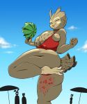  absurd_res ambiguous_gender anthro arttukorppu avian beak big_breasts bird breasts claws clothing cloud feathers female female_focus food fruit grey_body grey_feathers hi_res huge_breasts lagomorph leporid looking_back low-angle_view mammal melon muscular_thighs one-piece_swimsuit one_eye_closed owl plant rabbit silhouette sky solo solo_focus swimwear tail_feathers thick_thighs watermelon watermelon_crushing wink 