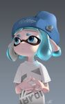  1girl :&lt; beanie blue_eyes blue_hair blue_headwear closed_mouth gradient gradient_background hat highres inkling inkling_girl interlocked_fingers looking_away pointy_ears puchiman short_hair short_sleeves solo splatoon_(series) suction_cups tentacle_hair 