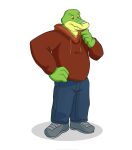  2022 alligator alligatorid anthro bottomwear brok_(character) brok_the_investigator clothing cosplay crocodilian graff_filsh green_body hi_res hoodie humanoid_hands male pants raulscout123 reptile scalie simple_background solo topwear video_games 