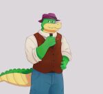  2021 4_fingers alligator alligatorid anthro biped bottomwear brok_(character) brok_the_investigator clothing crocodilian fingers green_body hat headgear headwear hi_res humanoid_hands male necktie pants raulscout123 reptile scalie shirt simple_background solo topwear vest video_games 