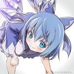  1girl bangs bent_over blue_bow blue_hair blush bow cirno feet_out_of_frame hair_between_eyes hair_bow ice ice_wings legs_apart looking_at_viewer shiroi_karasu smile solo touhou wings 