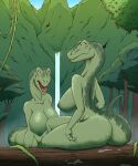  absurd_res anthro arttukorppu big_breasts big_butt breasts butt dinosaur dromaeosaurid duo female forest green_body green_scales hi_res huge_breasts log looking_at_viewer non-mammal_breasts on_log plant pupils reptile scales scalie sharp_teeth sitting slit_pupils smile teeth theropod thick_tail tree waterfall wood yellow_sclera 