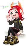  1girl ;d absurdres black_jacket claw_pose commission fake_horns full_body grey_eyes hairband hand_up highres horns jacket knees_together_feet_apart long_hair long_sleeves looking_at_viewer octarian octoling octoling_girl one_eye_closed orange_hairband orange_horns puchiman red_hair shoes simple_background single_vertical_stripe sitting skeb_commission smile solo splatoon_(series) suction_cups teeth tentacle_hair white_background zipper zipper_pull_tab 