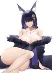  1girl absurdres animal_ear_fluff animal_ears azur_lane bangs bare_shoulders black_hair breasts brown_eyes cleavage collarbone facial_mark fox_ears fox_girl fox_tail fur_trim highres jewelry kitsune large_breasts long_hair looking_at_viewer magatama magatama_necklace musashi_(azur_lane) necklace ritalem smile solo tail thighs very_long_hair 