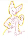  anthro athletic big_ears canid canine clothing covering determined female fennec fox greyscale hand_on_hip hi_res jumpsuit mammal matthews(razumi) military military_uniform monochrome pose skinny small_chest smile solo traditional_media_(artwork) uniform zwiebelprinz 