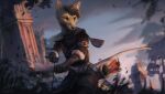  2022 anthro arrow_(disambiguation) brown_hair canid canine day detailed_background digital_media_(artwork) eyebrows eyelashes fox green_eyes hair holding_bow holding_object holding_weapon kalfy male mammal outside sky solo weapon 