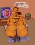  anal anthro big_butt bodily_fluids butt butt_grab butt_smother butt_sniffing clothed clothing demon dialogue domestic_cat duo facesitting felid feline felis froggyzoid_(artist) fully_clothed garfield_(series) garfield_the_cat hand_on_butt hi_res living_room looking_back male male/male mammal nude onomatopoeia oral overweight raymond_(froggyzoid) rimming sex smothering sniffing sound_effects sweat television text towel 