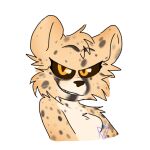  anthro cheetah dark_sclera djikki dots exposed_chest felid feline female fur grin mammal narrowed_eyes riffen round_ears seductive smile solo spots sticker tan_body tan_fur whiskers yellow_eyes 
