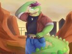  2022 alligator alligatorid anthro bottomwear brok_(character) brok_the_investigator clothing crocodilian detailed_background green_body hat headgear headwear hi_res humanoid_hands male outside pants raulscout123 reptile scalie shirt solo topwear video_games 