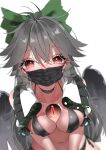  1girl absurdres antenna_hair bangs bikini bird_wings black_bikini black_hair black_wings blush bow breast_squeeze breasts cleavage collared_shirt commentary_request covered_mouth frilled_shirt_collar frills green_bow hair_between_eyes hair_bow highres large_breasts long_hair looking_at_viewer mask mouth_mask navel ninniku_(mfu7324) open_clothes open_shirt red_eyes reiuji_utsuho shirt simple_background solo swimsuit third_eye touhou upper_body white_background white_shirt wings 