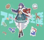  1girl analog_clock arms_at_sides ascot belt_buckle black_boots blunt_bangs blunt_ends boots buckle cellphone character_cutout clock closed_mouth commentary_request floating_hair full_body fur-trimmed_jacket fur_trim giraffe giraffe_(revue_starlight) green_background green_jacket green_skirt highres holding holding_mace holding_weapon jacket jacket_on_shoulders long_hair long_sleeves looking_at_viewer mace miniskirt open_clothes open_jacket outline phone pleated_skirt polka_dot polka_dot_background potato purple_eyes purple_hair red_jacket shirt shoujo_kageki_revue_starlight sidelocks single_horizontal_stripe skirt smartphone smile solo standing star_(symbol) striped_clothes striped_skirt summer050429 suzudaru_cat tassel tomato translation_request tsuyuzaki_mahiru two_side_up ufo waist_cape weapon white_ascot white_outline white_shirt 