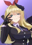  1girl absurdres alternate_costume aqua_eyes black_gloves black_jacket black_necktie blonde_hair blunt_bangs blush breasts buttons closed_mouth collared_shirt commentary_request demon_horns eyelashes eyes_visible_through_hair floating_hair gloves hair_between_eyes hair_intakes hair_ribbon hand_up heaven_burns_red highres horns jacket kanzaki_adelheid large_breasts long_hair long_sleeves looking_at_viewer necktie negino_yurine red_ribbon ribbon shirt single_horn smile solo tsurime very_long_hair white_shirt 