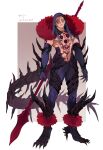 1boy black_hair body_markings bodysuit capelet chi.:_chikyuu_no_undou_ni_tsuite commentary_request cosplay cu_chulainn_(fate) cu_chulainn_alter_(fate) cu_chulainn_alter_(fate)_(cosplay) earrings elbow_gloves facial_mark fate/grand_order fate_(series) full_body fur-trimmed_capelet fur_trim gloves grey_eyes highres hood hood_up jewelry looking_at_viewer male_focus oczy sakitsu solo spiked_tail standing tail 