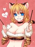  ahoge animal_ears animal_print blonde_hair blue_eyes breasts cleavage food grin konshin large_breasts original pocky short_hair smile solo tail tiger_ears tiger_print tiger_tail 