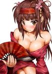  bare_shoulders blastbeat blush breasts brown_eyes brown_hair cleavage fan flower hair_flower hair_ornament hairband japanese_clothes large_breasts long_hair looking_at_viewer no_bra original simple_background solo white_background 
