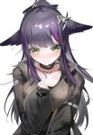  1girl absurdres animal_ears arknights black_choker black_hair black_jacket blunt_bangs blush cat_ears choker commentary_request green_eyes grey_shirt hair_ornament headset highres horobu jacket jessica_(arknights) jessica_the_liberated_(arknights) long_hair looking_at_viewer multicolored_hair ponytail purple_streaks shirt solo streaked_hair 