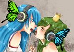  2girls bare_shoulders blue_eyes blue_hair bow brown_eyes butterfly_wings crown dress elbow_gloves elincia elincia_ridell_crimea eye_contact fingerless_gloves fire_emblem fire_emblem:_souen_no_kiseki fire_emblem_path_of_radiance gloves green_hair hair_bun hand_holding headphones incipient_kiss lips long_hair looking_at_another luchino lucia_(fire_emblem) magnet_(vocaloid) multiple_girls nail_polish open_mouth parody vocaloid wings yuri 