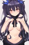  1girl bare_shoulders black_hair blush breasts dura hair_over_breasts hair_ribbon highres large_breasts looking_at_viewer meme_attire navel neptune_(series) noire red_eyes ribbon solo twintails virgin_killer_sweater 