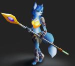  2019 anthro blue_fur blue_hair breasts canine clothed clothing digital_media_(artwork) female fox fur green_eyes hair henzokiee holding_object krystal mammal nintendo simple_background solo staff standing star_fox video_games weapon 