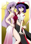  blush bow china_dress chinese_clothes dress hair_bow hat kieyza lavender_hair multiple_girls nagae_iku ponytail purple_hair red_eyes touhou watatsuki_no_yorihime 