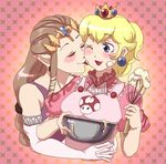  apron batter blonde_hair blue_eyes blush brown_hair chichi_band closed_eyes couple crown dress earrings elbow_gloves food food_on_face gloves hug jewelry licking long_hair mario_(series) multiple_girls pink_dress pointy_ears ponytail princess_peach princess_zelda smile super_mario_bros. super_smash_bros. the_legend_of_zelda the_legend_of_zelda:_twilight_princess tiara whisk yuri 