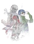  1girl 2boys arm_tattoo blue_hair blunt_bangs bug butterfly commentary_request dress fingerless_gloves frills gloves gothic_lolita green_gloves green_jacket grey_hair hair_ornament hair_ribbon hairband hashtag-only_commentary jacket lolita_fashion long_hair long_sleeves multiple_boys parted_bangs persona persona_3 red_hair ribbon ryokuyuu sakaki_takaya shirato_jin short_hair sidelocks signature sunglasses tattoo topless_male twitter_username upper_body white_background white_dress white_ribbon yoshino_chidori 