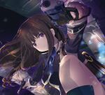  1girl black_eyes black_hair commentary_request gun handgun highres holding holding_gun holding_weapon inoue_takina jacket long_hair lycoris_recoil sailor_collar school_uniform sengoku_chidori shirt smith_&amp;_wesson_m&amp;p solo thighhighs weapon white_shirt 