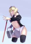  1girl 7aehyun absurdres apron artoria_pendragon_(all) artoria_pendragon_(swimsuit_rider_alter) bangs bikini_top black_bikini_top black_jacket black_legwear blonde_hair braided_bun bucket cowboy_shot fate_(series) from_below highres holding holding_bucket jacket leg_garter looking_at_viewer maid_headdress mop navel off_shoulder open_clothes open_jacket parted_lips short_hair simple_background solo standing swimsuit thighhighs waist_apron yellow_eyes 