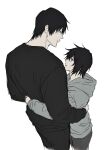  1boy 1girl black_hair black_pants cropped_legs fushiguro_touji grey_hoodie grey_pants height_difference highres hood hood_down hoodie hug husband_and_wife jujutsu_kaisen megumi's_mother_(jujutsu_kaisen) pants scar scar_on_face scar_on_mouth short_hair simple_background sso_s white_background 