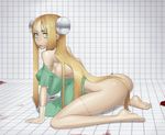  all_fours ass barefoot blonde_hair blood blue_eyes bolt bottomless dress feet franken_fran gloves gown hair_censor latex latex_gloves long_hair madaraki_fran multiple_arms solo stitches tile_floor tiles very_long_hair wata_do_chinkuru 