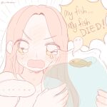  ... 1girl alien_stage bowl coldmeow commentary crying english_commentary english_text fish fishbowl highres holding holding_bowl long_hair mizi_(alien_stage) open_mouth pink_hair signature spoken_ellipsis tears water white_background yellow_eyes 