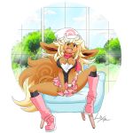  2019 alternate_species anthro anthrofied big_breasts blonde_hair blush boots breasts brown_eyes brown_fur canine chair cleavage clothed clothing dawn_(pok&eacute;mon) digital_media_(artwork) dipstick_tail eevee eeveelution eve female fluffy fluffy_tail footwear fur furrification hair hamsteroftime happy hat long_hair looking_at_viewer mammal multicolored_tail neck_tuft nintendo open_mouth pok&eacute;mon pok&eacute;mon_(species) scarf sitting skirt smile solo spread_legs spreading tree tuft video_games white_fur window 