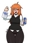  1girl absolut_vodka absurdres alcohol artist_name black_choker black_pants black_sweater_vest blue_eyes blush bottle breasts can choker collared_shirt drunk freckles glasses highres holding holding_bottle holding_can long_hair medium_breasts messy_hair muds orange_hair original pants red_bull shirt sidelocks siri_jay sweater_vest thick_thighs thighs vodka white_background white_shirt 