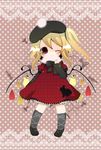  alternate_costume alternate_wings ankle_lace-up beret blonde_hair blush chibi cross-laced_footwear dress flandre_scarlet flower haru_(citron_citron) hat heart highres one_eye_closed side_ponytail smile solo touhou wings 