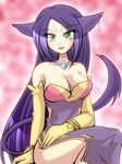  animal_ears bare_shoulders bracelet bracelets breasts cat_ears cat_tail choroneko cleavage detached_sleeves earring earrings female gijinka gloves gradient gradient_background green_eyes jewelry large_breasts lepardas liepard long_hair lots_of_jewelry moemon necklace open_mouth personification pokemon pokemon_(game) pokemon_black_and_white pokemon_bw purple_hair purrloin shiratsuki sitting smile solo tail 