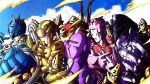  6+others aerosmith_(stand) aircraft airplane argyle_skin black_helmet blue_eyes blue_helmet blue_sky clenched_hand cloud cloudy_sky colored_sclera colored_skin commentary compound_eyes day english_commentary gold_experience green_eyes helmet highres jojo_no_kimyou_na_bouken moody_blues_(stand) multiple_others no_humans noonvincent outdoors purple_eyes purple_haze_(stand) purple_skin red_eyes sex_pistols_(stand) sky spice_girl_(stand) spiked_helmet stand_(jojo) sticky_fingers_(stand) vento_aureo yellow_skin zipper_pull_tab 