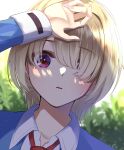  1girl arm_up blonde_hair blue_jacket blurry blurry_background collared_shirt commentary_request day fingernails hair_over_one_eye heaven_burns_red highres jacket kayamori_ruka light_blush long_bangs long_fingernails long_sleeves looking_at_viewer necktie negino_yurine outdoors parted_lips portrait red_eyes red_necktie shirt short_hair solo sunlight sweatdrop teeth upper_teeth_only white_shirt 