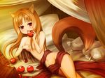 animal_ears apple bad_id bad_pixiv_id bed blush brown_hair censored convenient_censoring eating food fruit holding holding_food holding_fruit holo long_hair mozuyun navel nude pillow pouch red_eyes solo spice_and_wolf tail wolf_ears wolf_tail 