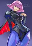  1girl breasts cape closed_mouth dated gundam haman_karn highres juliet_sleeves long_sleeves looking_at_viewer medium_breasts okrdisk2000 pantyhose pink_hair puffy_sleeves purple_eyes short_hair signature simple_background solo unfinished zeta_gundam 