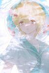  1boy absurdres alternate_costume aotu_world bishounen blonde_hair blue_eyes blue_neckerchief blue_sailor_collar bubble chinese_commentary commentary_request english_text fish fishbowl goldfish hair_between_eyes highres king_(aotu_world) male_focus neckerchief parted_lips plutoray pointy_ears sailor_collar school_uniform serafuku shirt short_hair short_sleeves solo underwater upper_body water white_shirt 