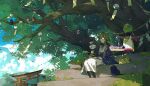  1girl blue_haori boots brown_boots brown_shirt chimecho cloud collared_shirt commentary commission english_commentary food furoshiki green_hair haori highres japanese_clothes kimono lace-up_boots long_hair mochi moss multiple_torii neck_ribbon obi obiage on_branch original outdoors parted_lips pokemon pokemon_(creature) red_eyes ribbon rope sakura_mochi sash shide shimenawa shirt sitting sitting_on_stairs sky stairs taillow torii tree very_long_hair wagashi watermark wind_chime wrapped_bento wulie_errr xatu 