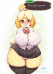  &lt;3 &lt;3_eyes animal_crossing anthro big_breasts blonde_hair blush bow_tie breasts canine clothed clothing dialogue digital_media_(artwork) dog english_text female front_view hair hands_behind_back isabelle_(animal_crossing) legwear looking_at_viewer mammal nintendo no_underwear open_mouth patreon pussy shih_tzu signature solo spindlesx standing stockings sweat tailwag text thick_thighs thigh_highs thigh_squish url video_games voluptuous wide_hips 