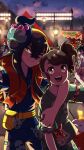 1boy 2girls :d ;) absurdres alternate_color arm_around_neck artist_name bird blue_shirt blurry blurry_background brown_eyes brown_hair candy_apple carmine_(pokemon) character_mask clodsire closed_eyes closed_mouth cloud commentary crossed_bangs dated dipplin english_commentary eyelashes fanny_pack festival festival_jinbei food food_stand fuecoco green_shirt hair_between_eyes highres hoothoot japanese_clothes jinbei_(clothes) juliana_(festival_jinbei)_(pokemon) juliana_(pokemon) kieran_(pokemon) lantern lens_flare mask mask_on_head multicolored_hair multiple_girls multiple_others munkidori night noctowl official_alternate_costume official_alternate_hairstyle one_eye_closed open_mouth outdoors pokemon pokemon_sv purple_hair sentret shiny_pokemon shirt short_hair short_sleeves side_ponytail sinksanksockie sky smile star_(sky) starly teeth two-tone_hair upper_teeth_only v yellow_bag yellow_eyes 